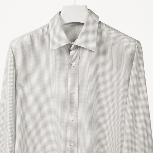 Prada 2015 Small Check White & Taupe Cotton Button-Up Oxford - Picture 3 of 14